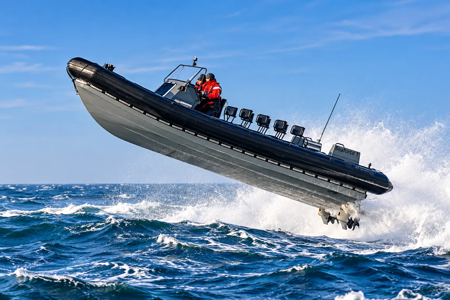 Deep-V hull clearing a wave