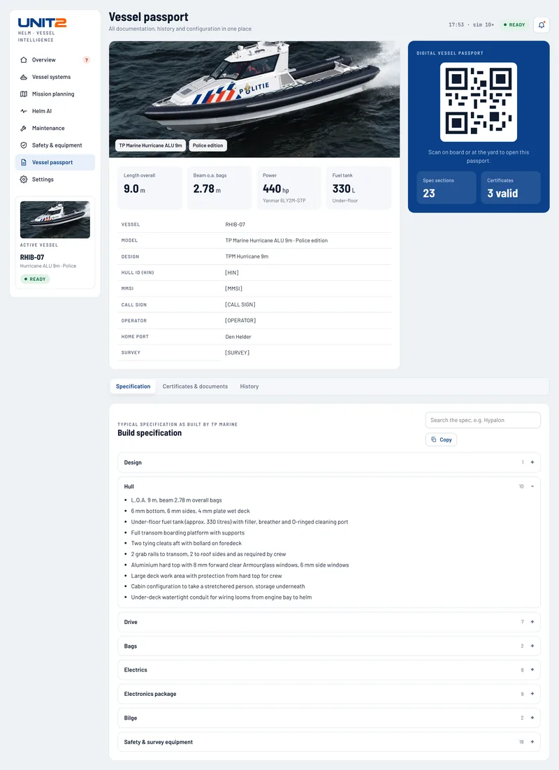 Digital vessel passport with build specification, certificates and QR code