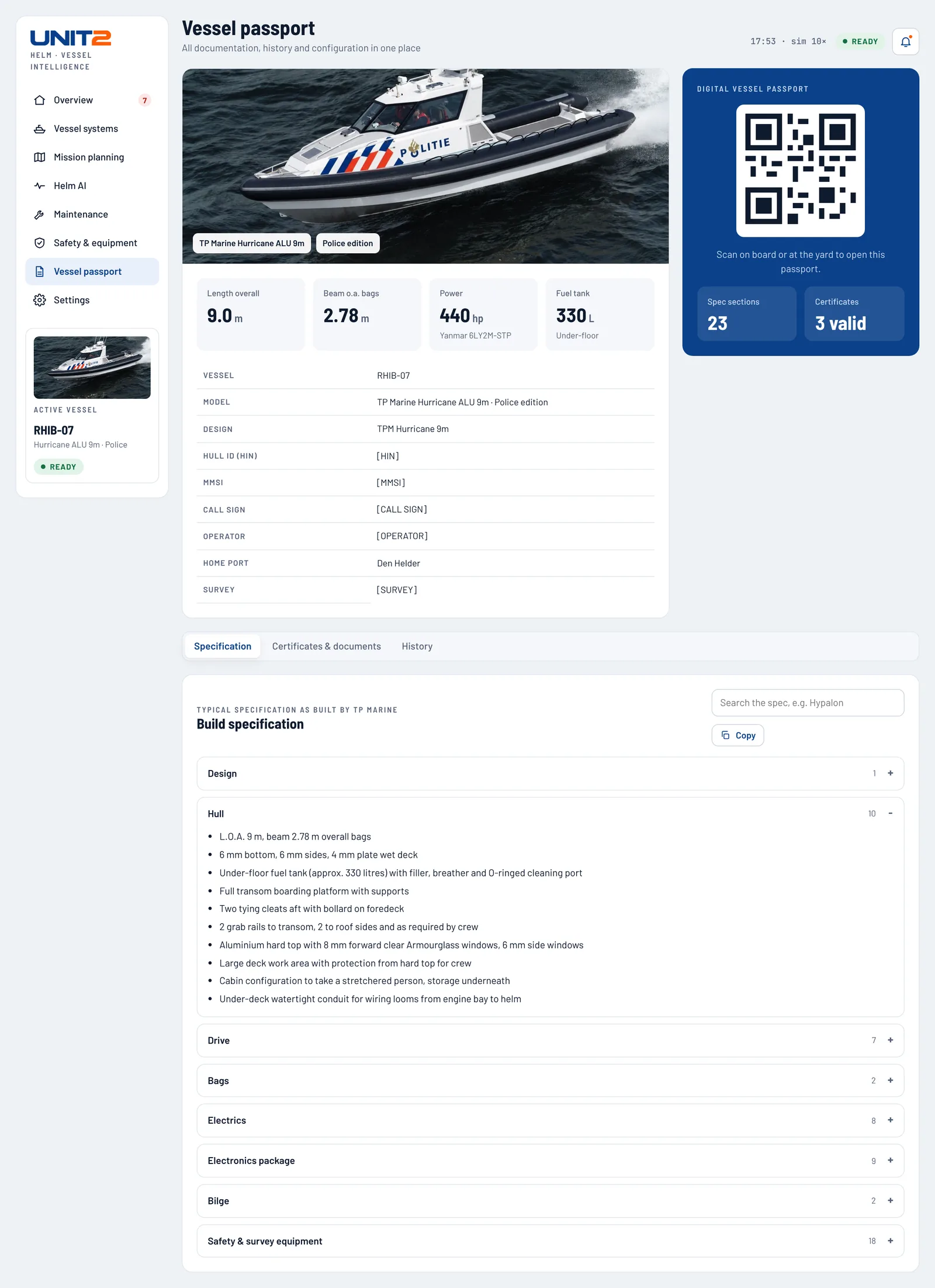 Digital vessel passport: identity, build specification, certificates and QR code